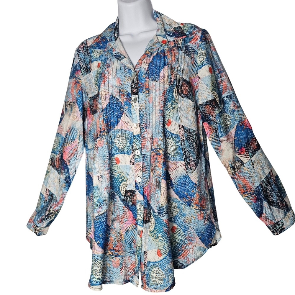 NWT Alison Sheri Abstract Print Pleated Button Up Blouse Tencel‎ Blend Women 10